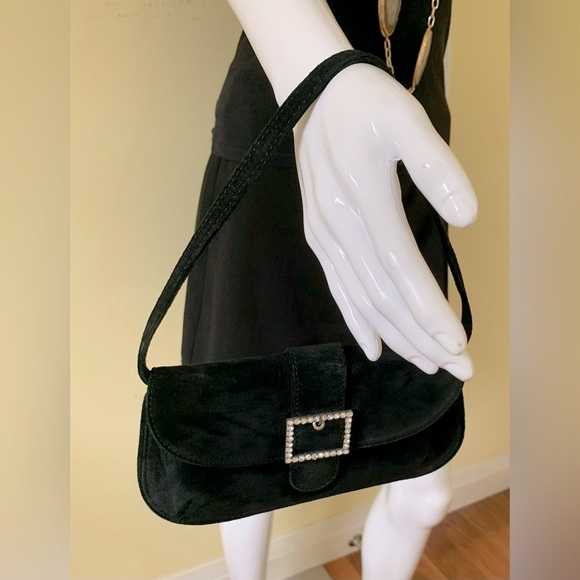 Black real suede leather evening purse clutch square buckle w shiny rhinestones - Picture 4 of 8